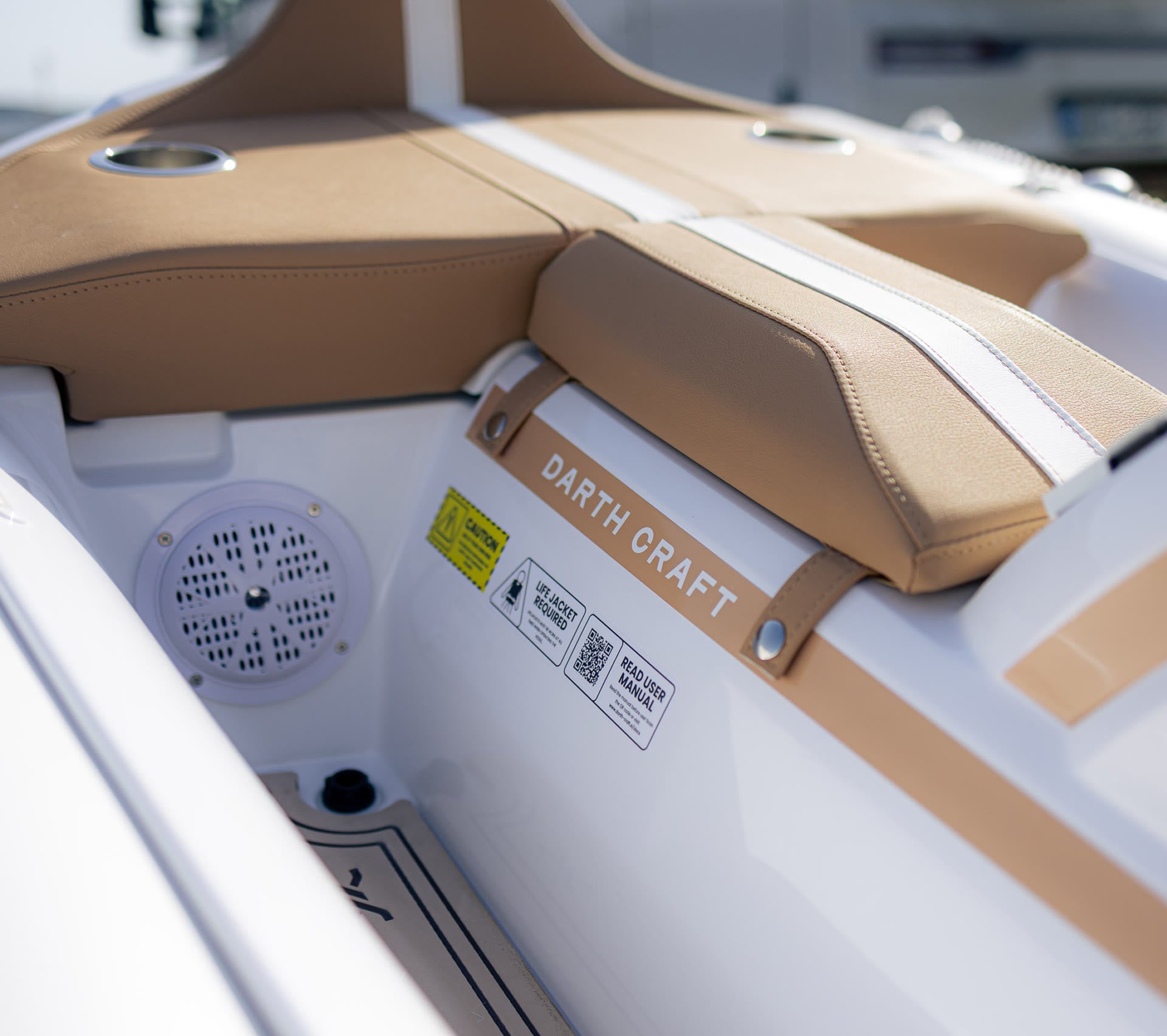 Close-up of a boat interior with 'Darth Craft' branding.